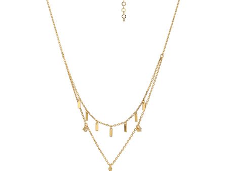 18Kt Gold Plated Layered Necklace With Dangling Bar & Cz Double Row Chain For Cheap