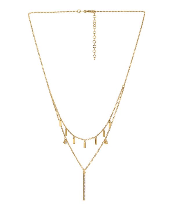 18Kt Gold Plated Layered Necklace With Dangling Bar & Cz Double Row Chain For Cheap