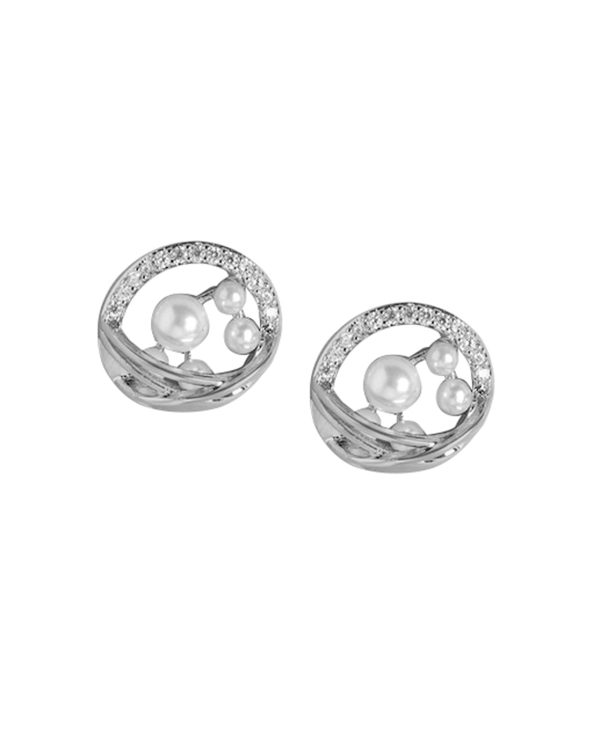 Rhodium Plated Stud Earring With Petite Pearl For Women For Cheap