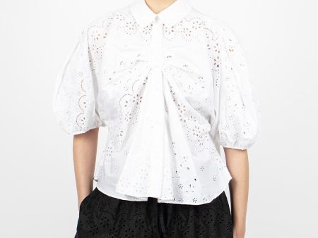 Front Bow Gathered Puff Sleeve Shirt White Sale