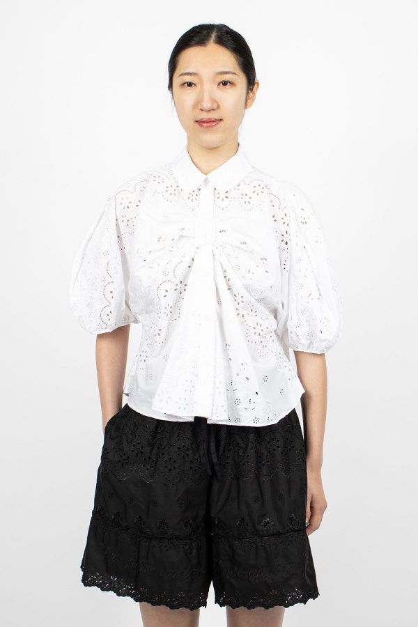 Front Bow Gathered Puff Sleeve Shirt White Sale