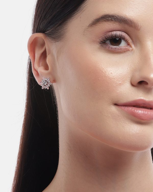 925 Sterling Silver Pink Zirconia With Rhodium Plated Floral Stud Earring Hot on Sale