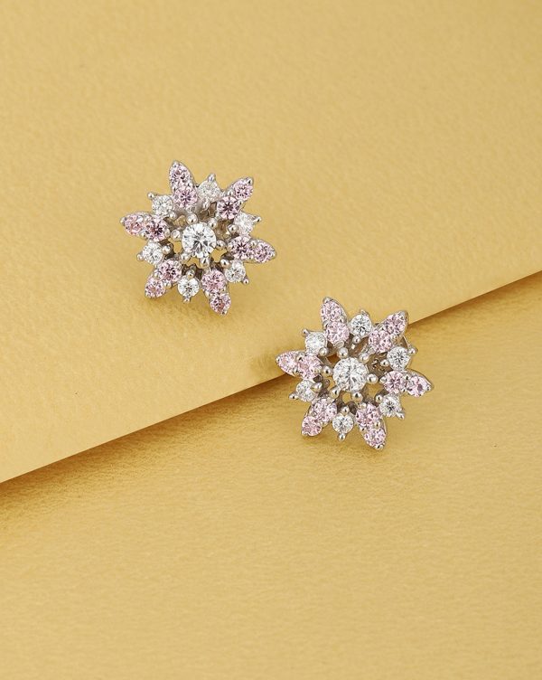 925 Sterling Silver Pink Zirconia With Rhodium Plated Floral Stud Earring Hot on Sale