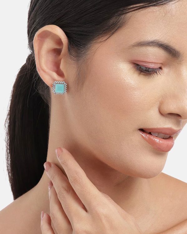 Rhodium Plated With Turquoise Stone Stud Earring For Women Sale