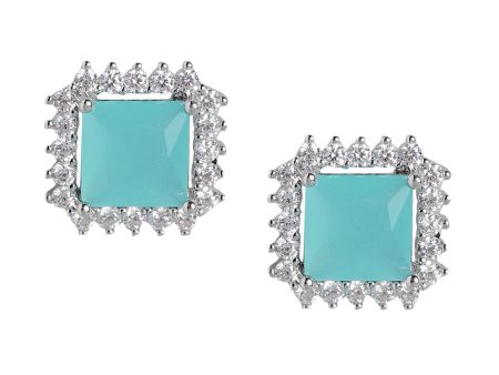 Rhodium Plated With Turquoise Stone Stud Earring For Women Sale