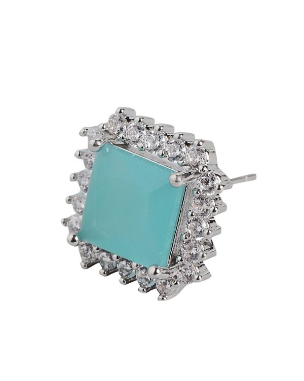 Rhodium Plated With Turquoise Stone Stud Earring For Women Sale