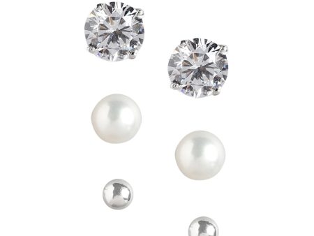 925 Sterling Silver Set Of 3 Rhodium Plated  With Zirconia-Pearl Stud Earring For Cheap