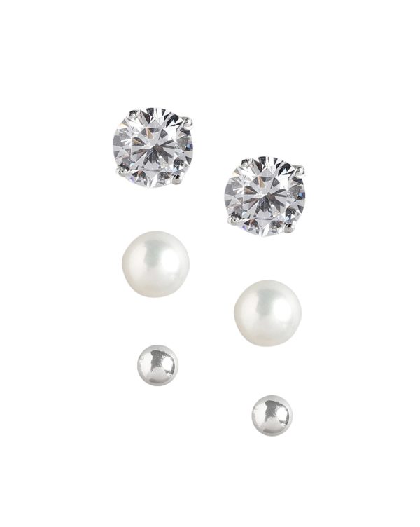 925 Sterling Silver Set Of 3 Rhodium Plated  With Zirconia-Pearl Stud Earring For Cheap