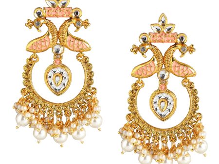 Gold Plated Pearl Enamel Chandelier Jhumka Earring For Women Sale