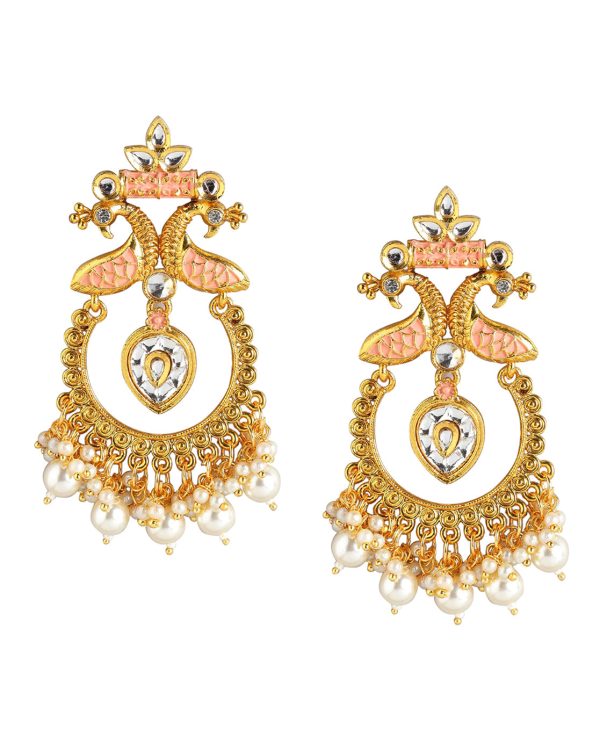 Gold Plated Pearl Enamel Chandelier Jhumka Earring For Women Sale