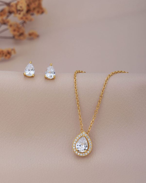 18kt Gold Plated CZ Tear Drop Shape Necklace with Earring Set for women For Cheap