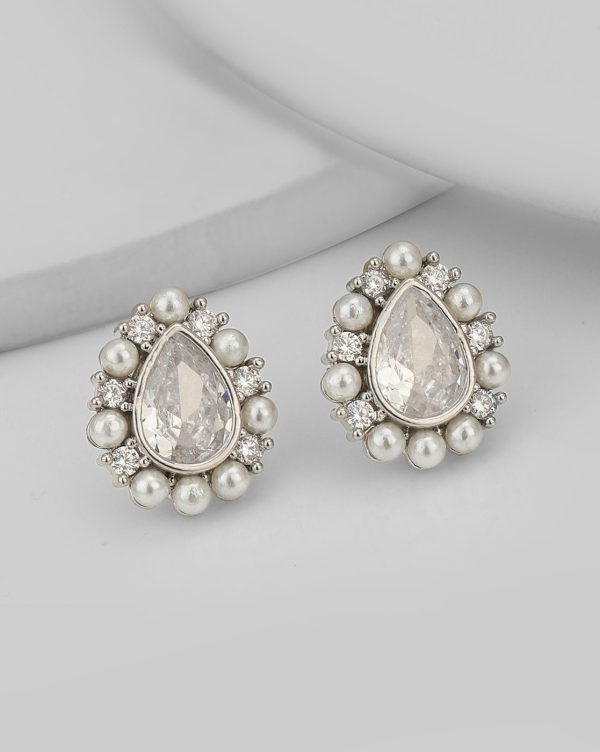 Silver Plated CZ & Pearl Tear Drop Stud Earring for women For Cheap