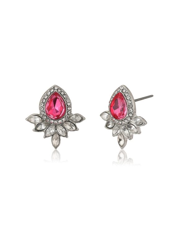 Carlton London Rhodium Plated Silver Toned Pink Cz Studded Teardrop Shape Stud Earrings For Women Cheap