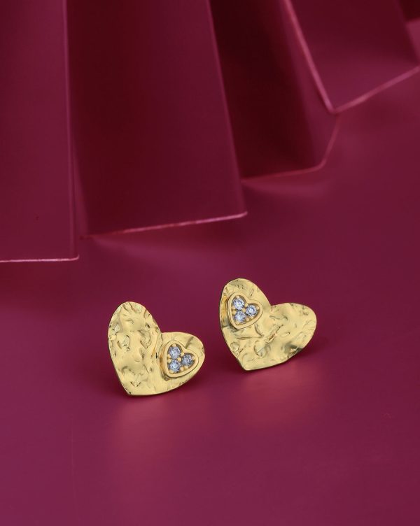 18kt Gold Plated with CZ Textured Heart Stud Earring For Discount