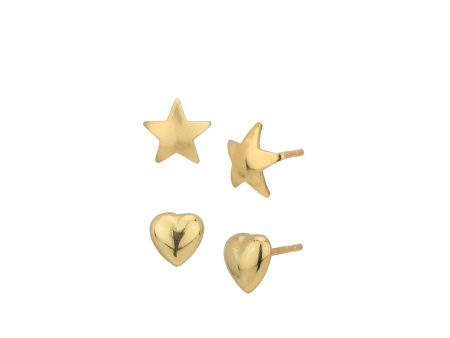 Set of 2 -18kt Gold Plated Star and Heart Stud Earring for women Hot on Sale