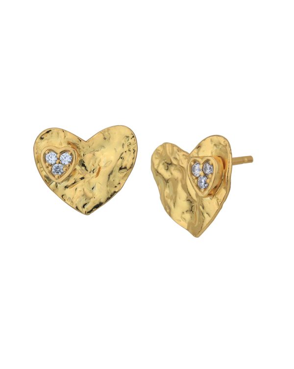 18kt Gold Plated with CZ Textured Heart Stud Earring For Discount