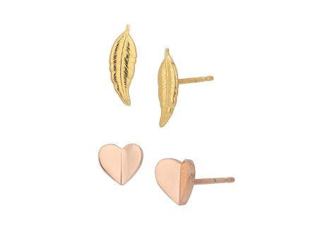 Set of 2 -18kt Gold & Rose Gold Plated Leaf and Heart Stud Earring for women Fashion