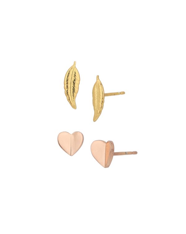 Set of 2 -18kt Gold & Rose Gold Plated Leaf and Heart Stud Earring for women Fashion