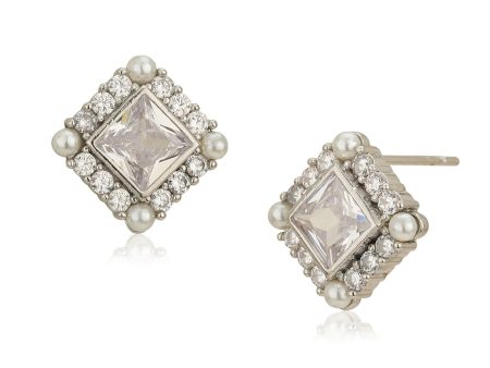 Silver Plated CZ & Pearl Square Stud Earring for women Fashion