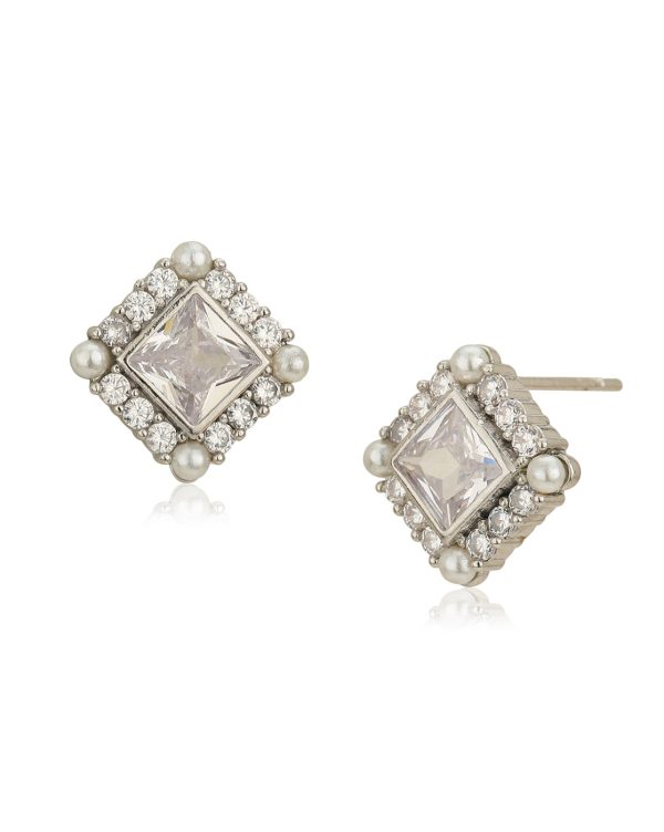 Silver Plated CZ & Pearl Square Stud Earring for women Fashion